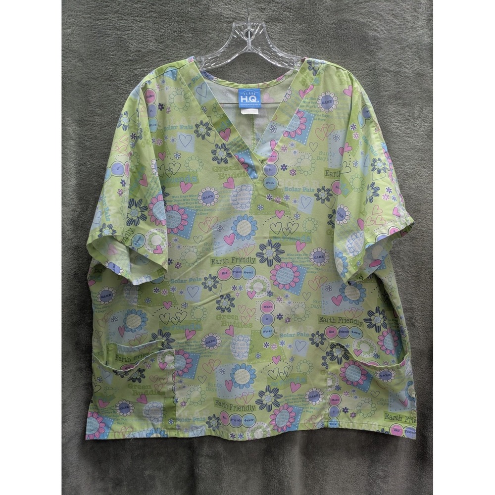 Earth Friendly Scrub Top Womens 2XL Patchwork‎ Eco Hippie Bright Green Floral
